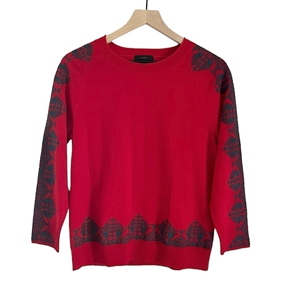 J. Crew Merino Wool Embroidery 3/4 Crewneck Sweater‎ Red Blue Size Small